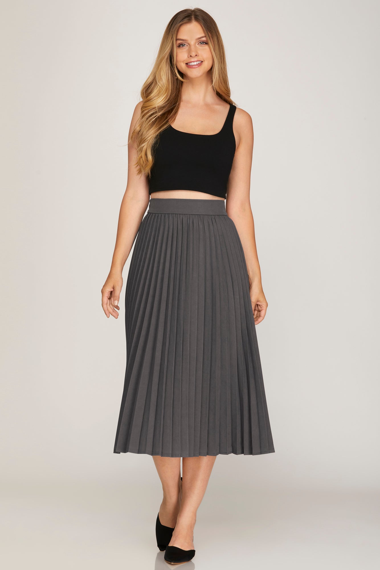 Pleated Midi Woven Skirt With Elastic Waistband