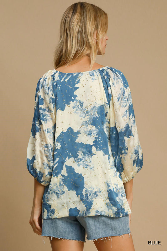 Umgee Cream and Blue Painted Blouse with Gold Details