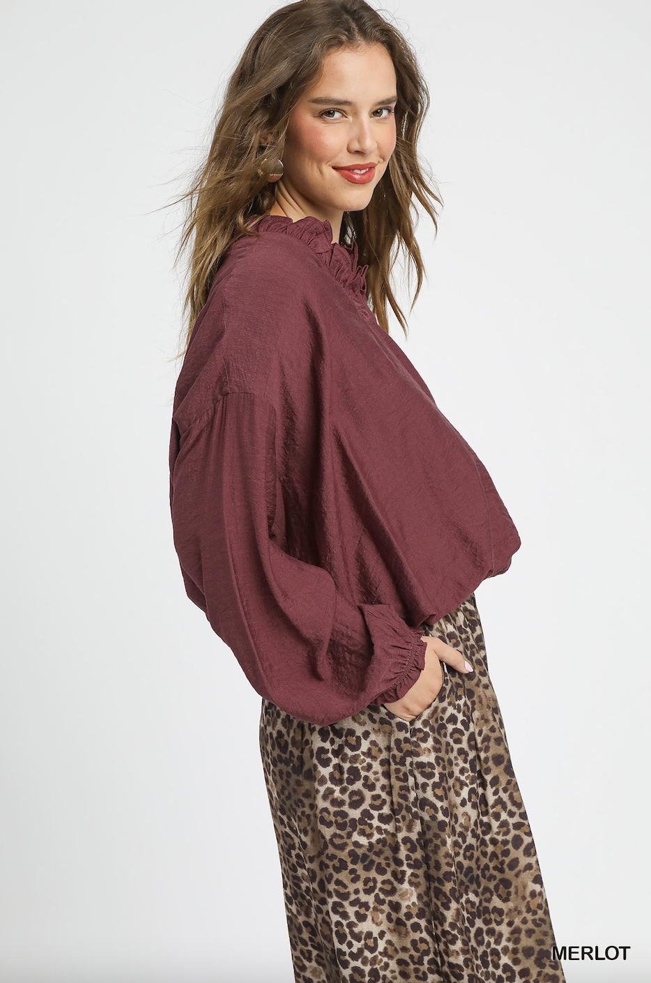 Merlot Ruffle Neck V Neck Blouse