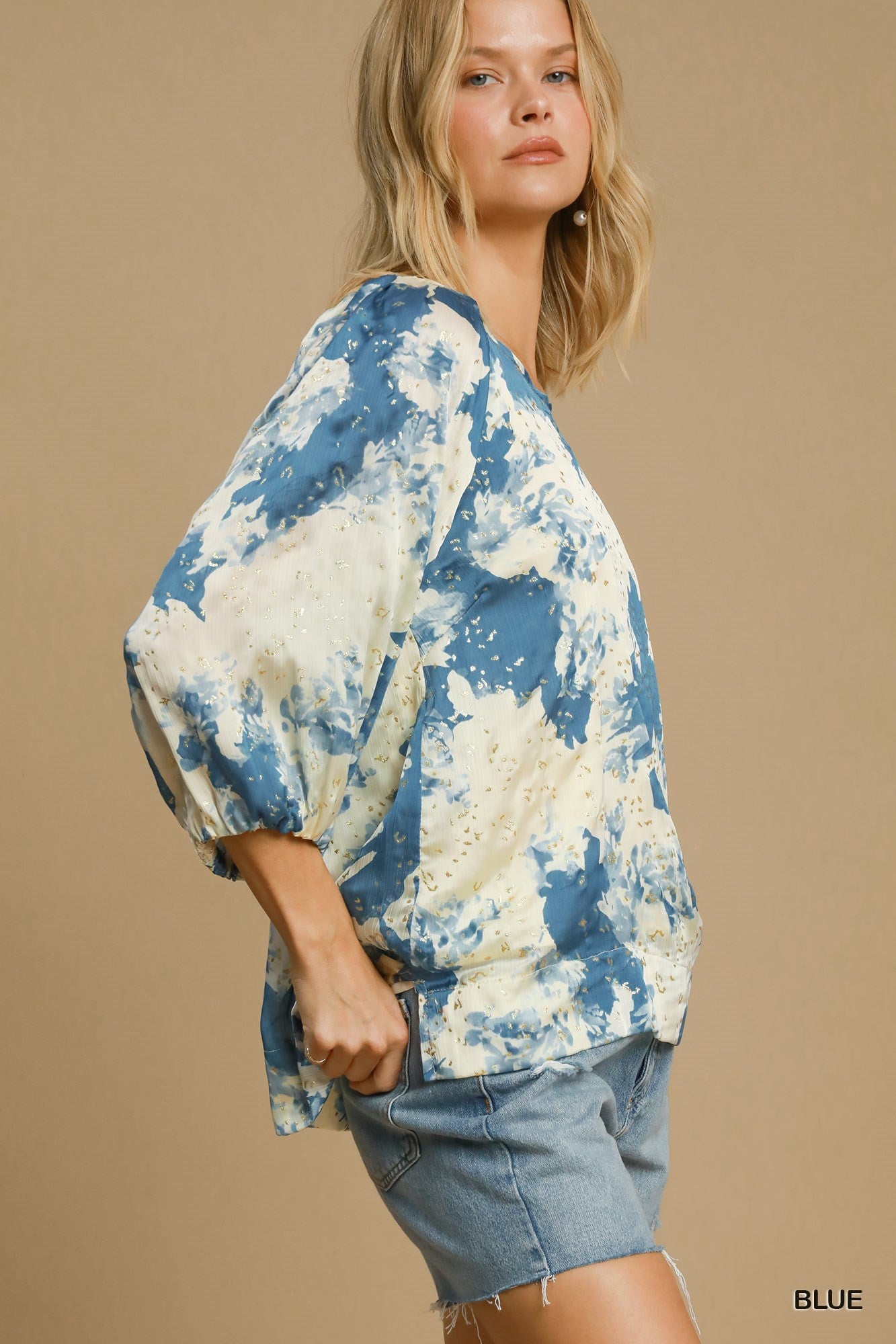 Umgee Cream and Blue Painted Blouse with Gold Details