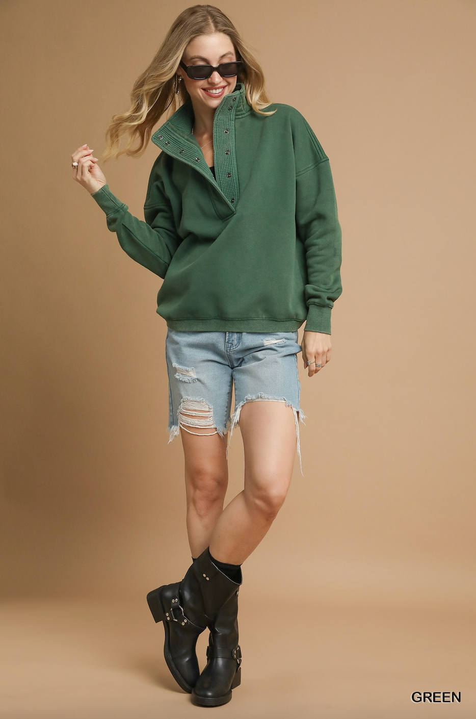 Green Mineral Wash Half-Snap Pullover Sweatshirt