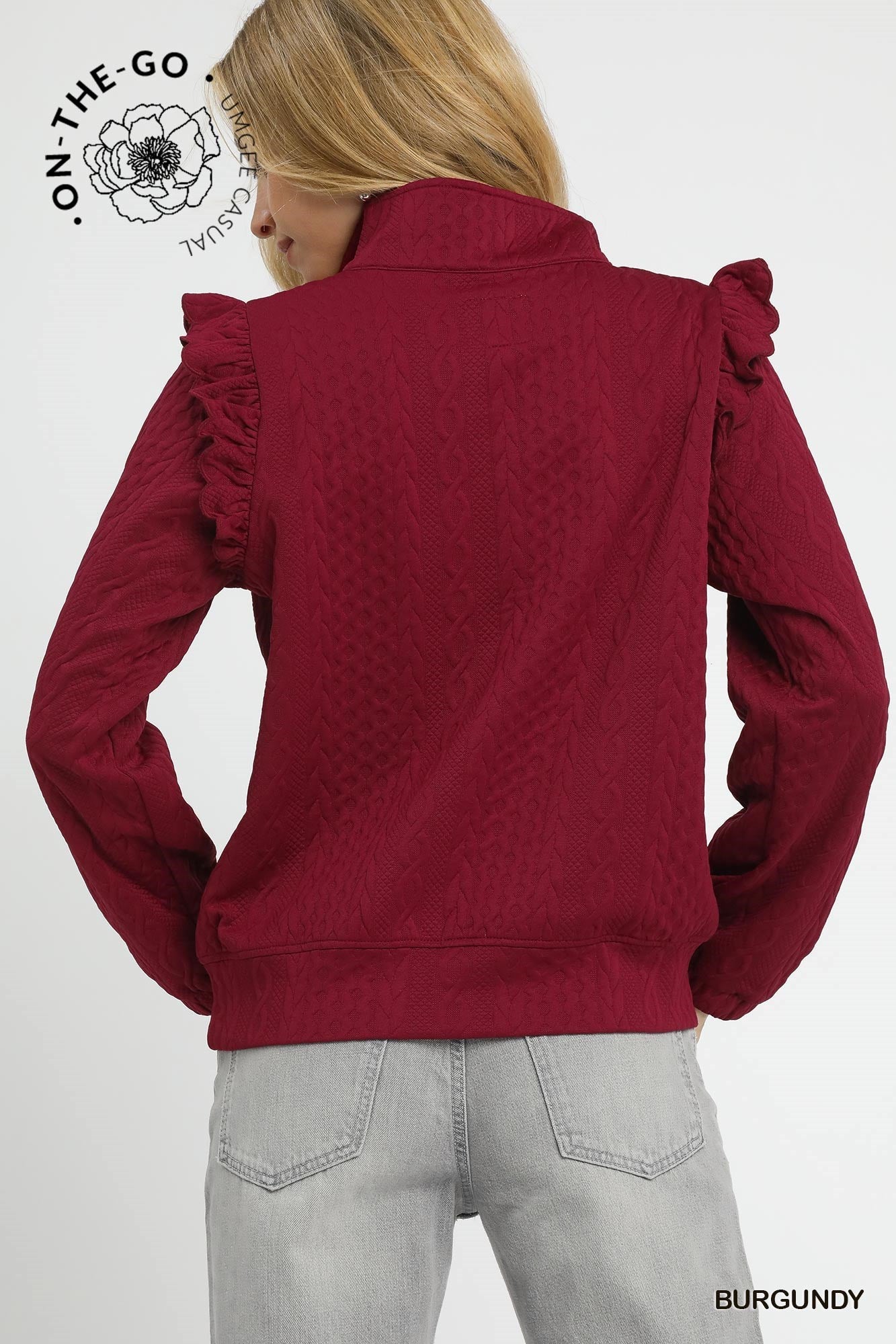 Cable Knit Textured Pullover with Ruffle Shoulders