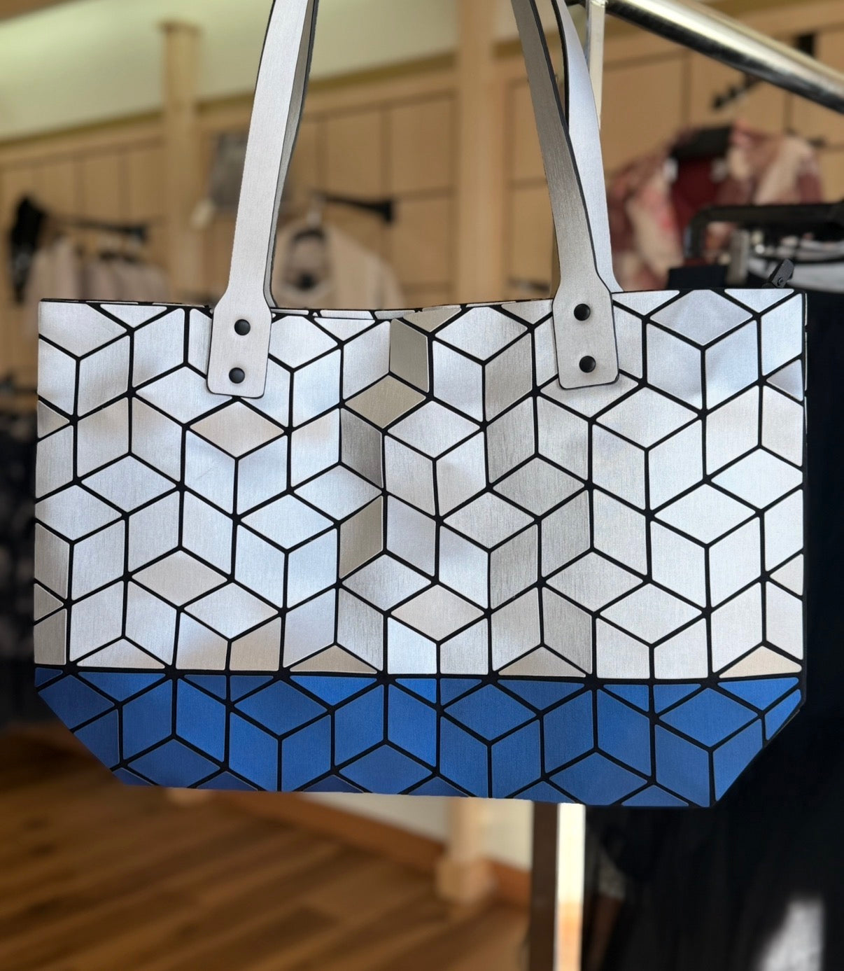 Matte Silver/Blue Slanted Square Geo Tote