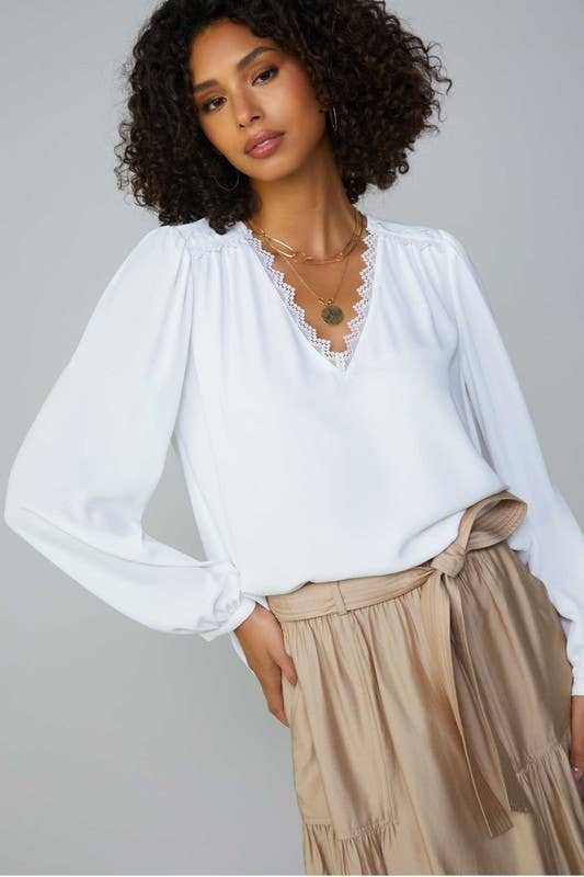 V-neck Lace Trim Blouse