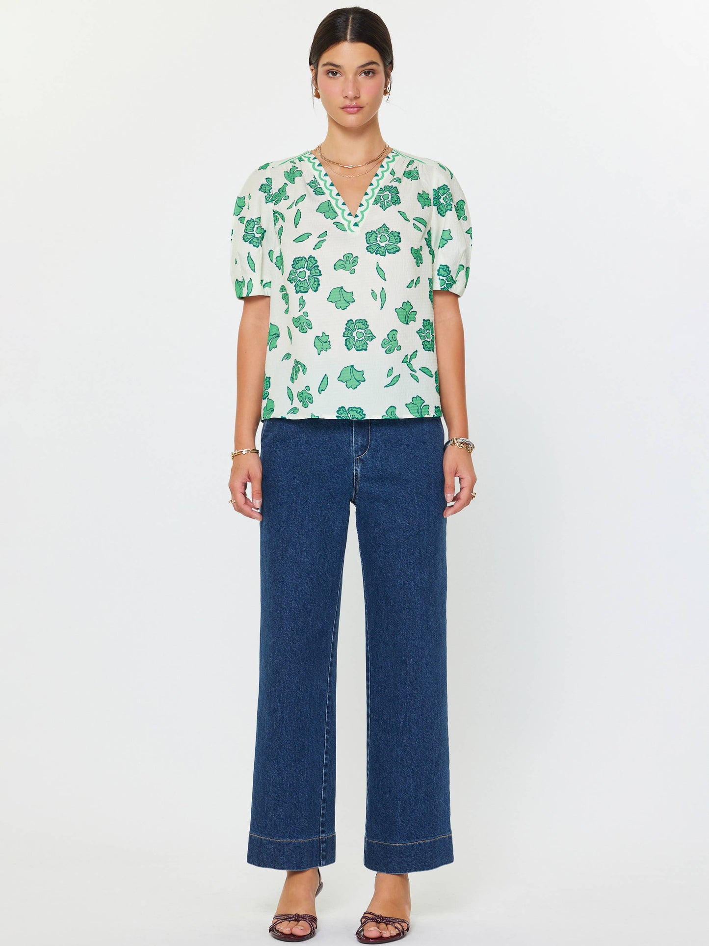 Green Floral Printed V-neck Blouse