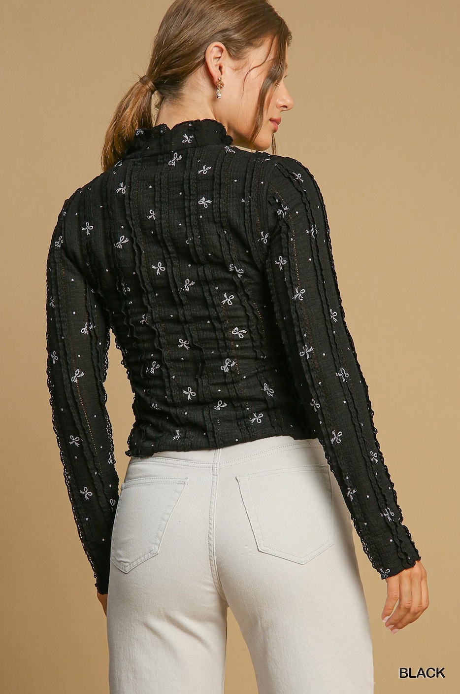 Bow Print Black Long Sleeve Top