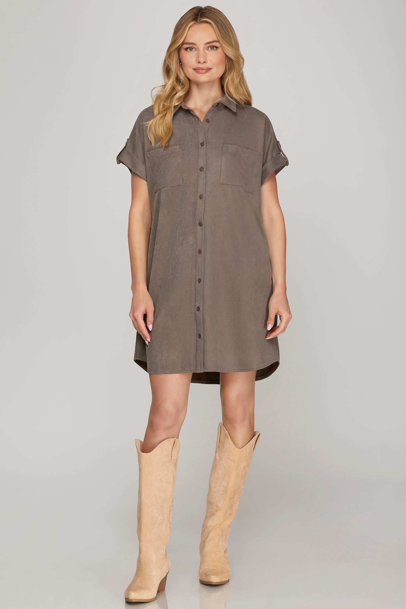 Mocha Drop Shoulder Button Up Suede Shirt Dress