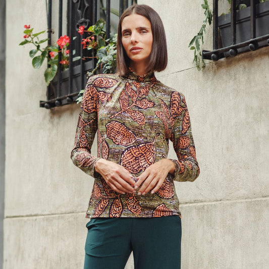 Mock Neck Pleated Detail Top - Mosaic Leaves