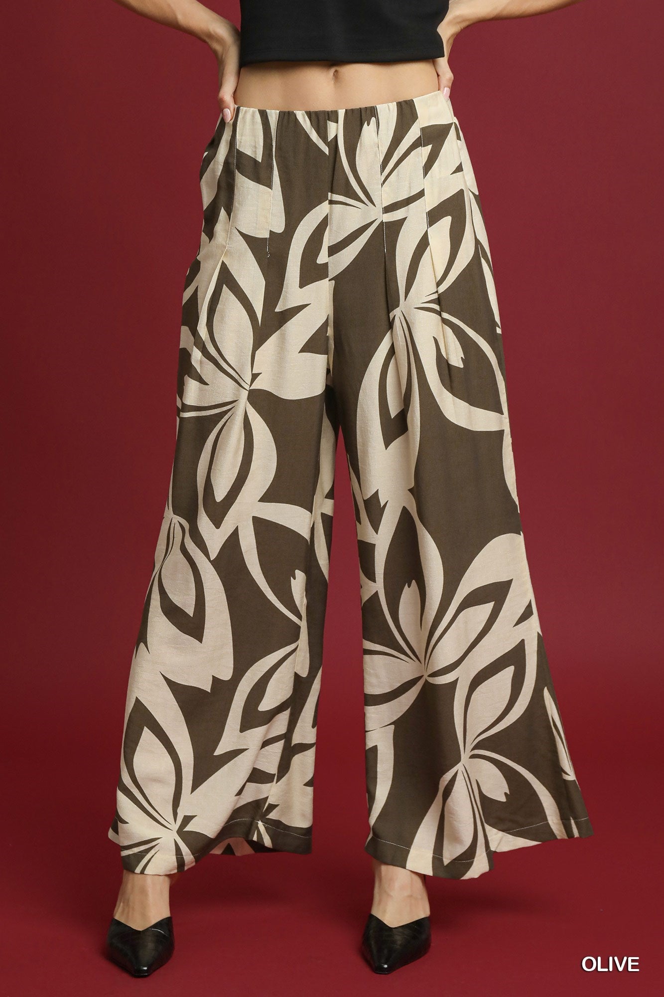 Umgee Two Tone Abstract Olive Print Wide Leg Pants