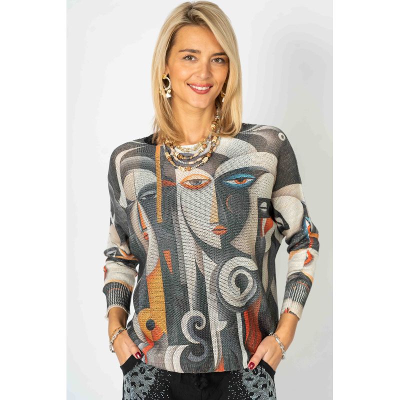 "Pic" Printed W/Shimmer Batwing Sweater - Dark Grey