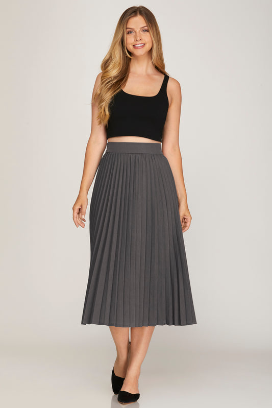 Pleated Midi Woven Skirt With Elastic Waistband