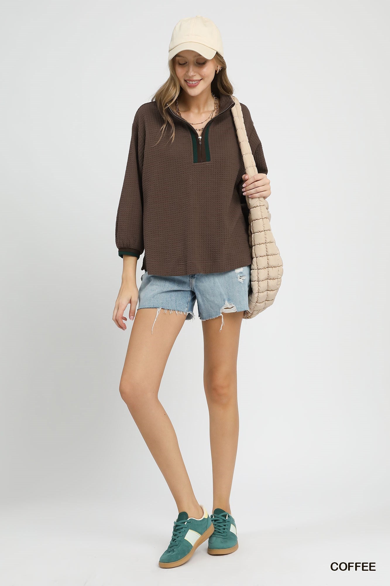 Waffle Knit Pullover with Contrast Zip Trim