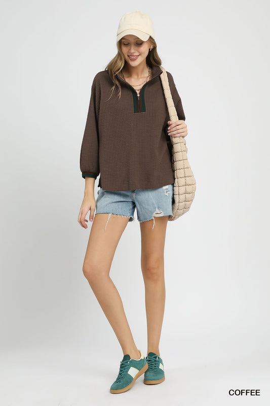 Waffle Knit Pullover with Contrast Zip Trim