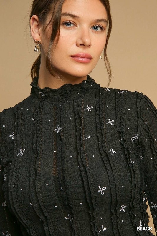 Bow Print Black Long Sleeve Top