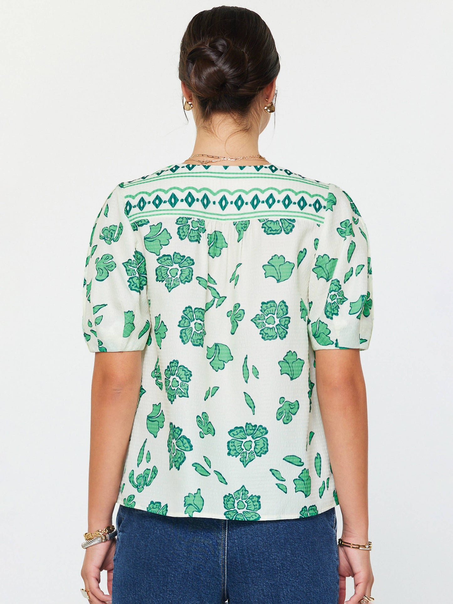 Green Floral Printed V-neck Blouse