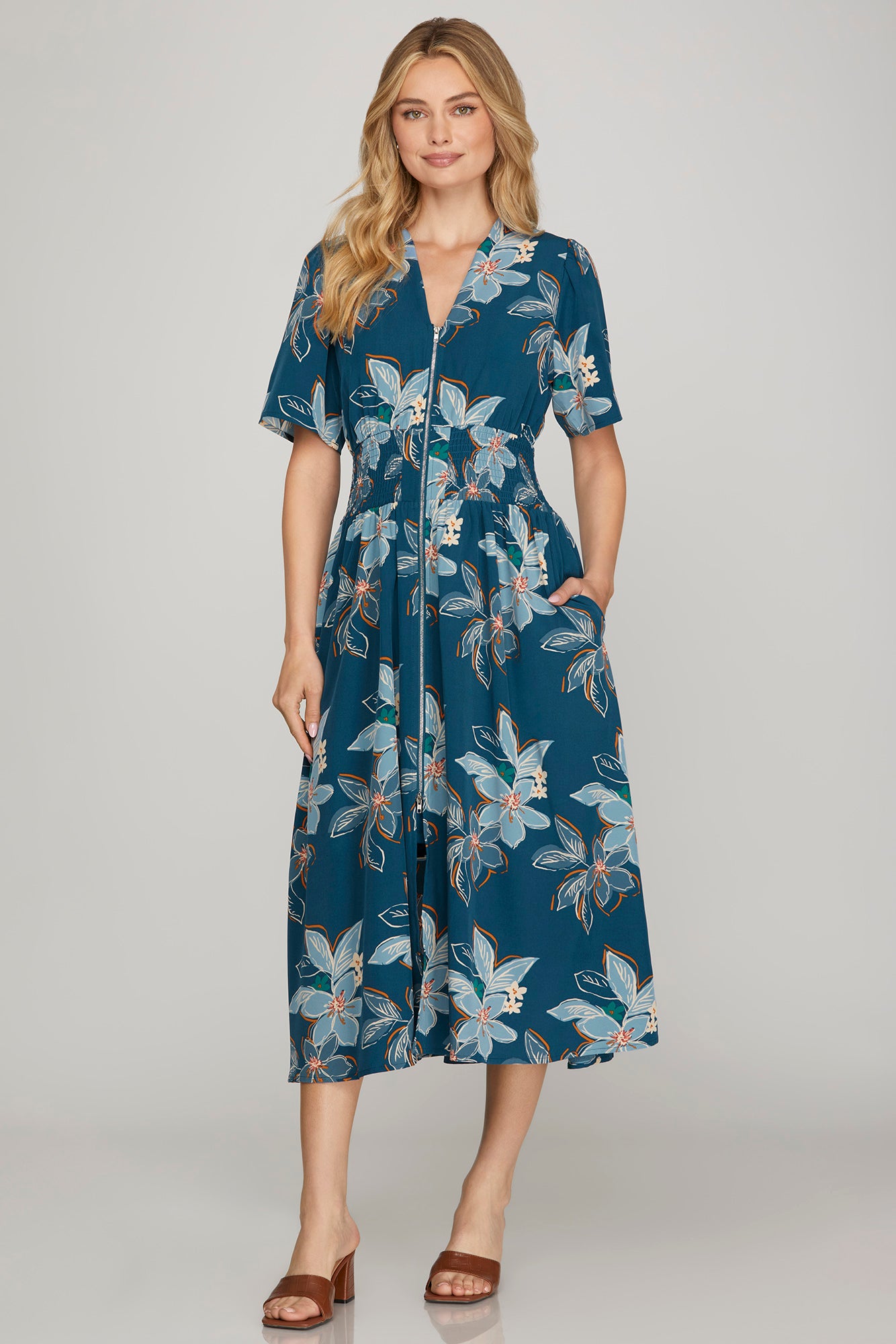 Teal Short Sleeve Front Zip Midi Dress