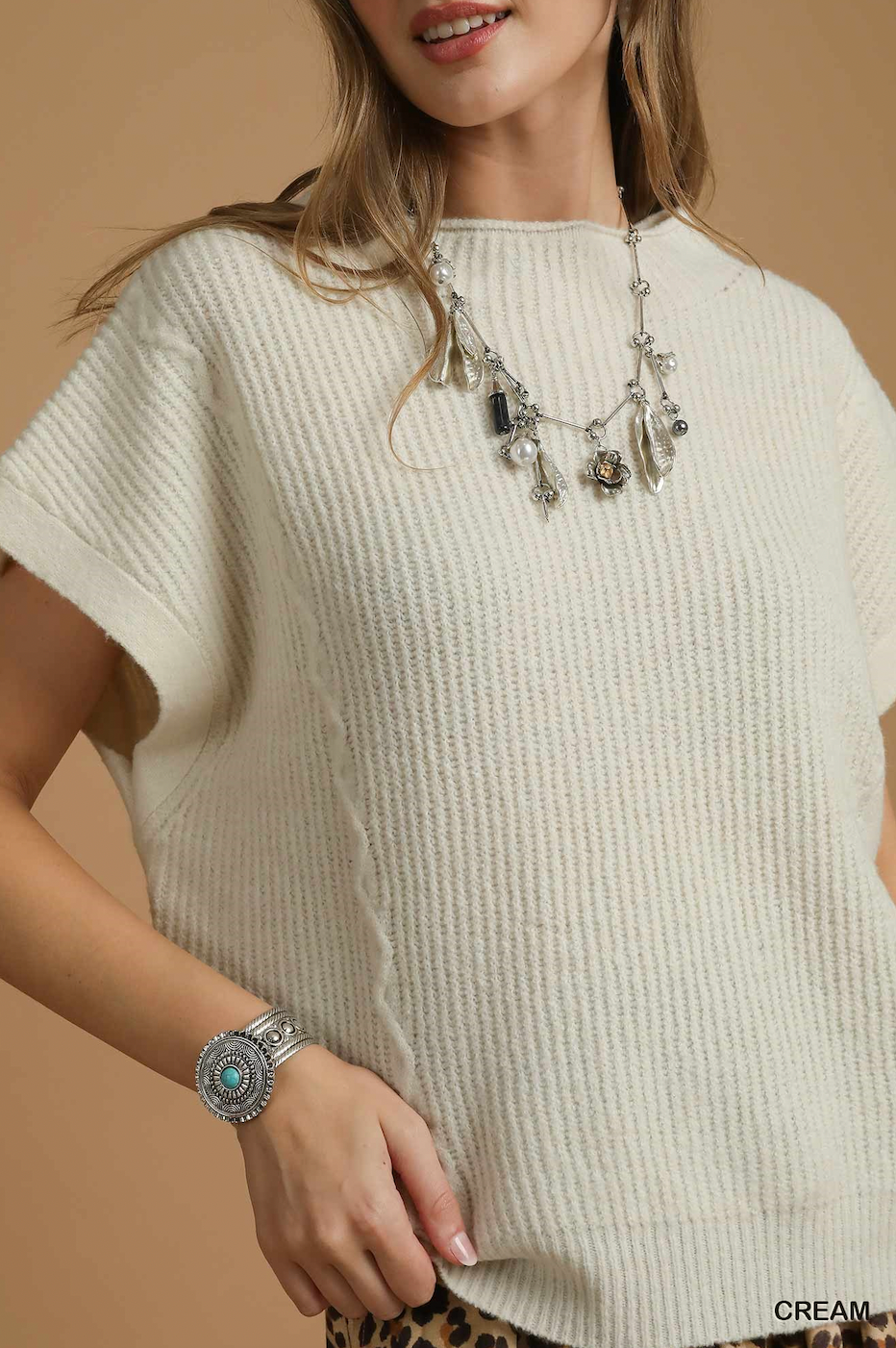 Short Sleeve Cream Knit Sweater Top