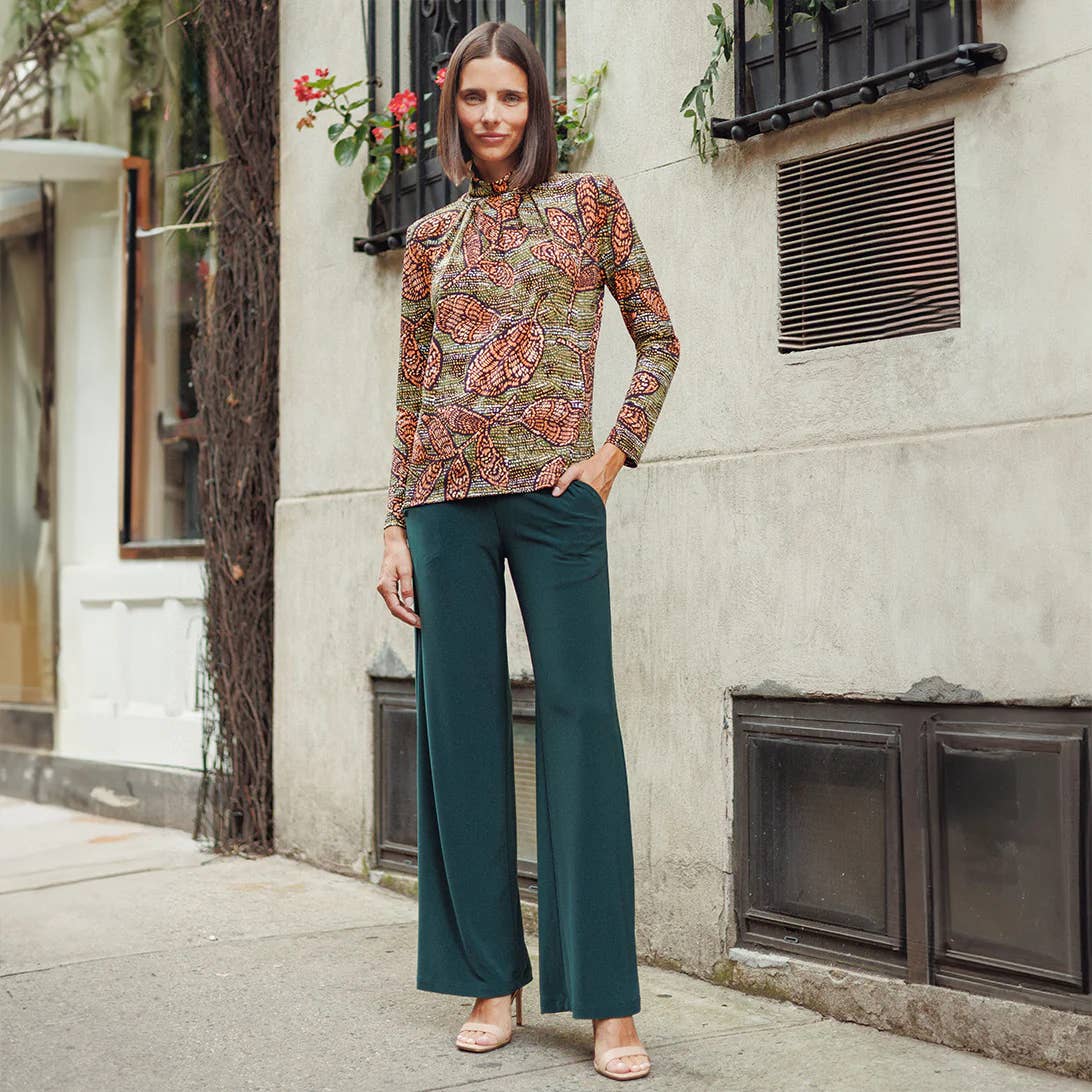 Mock Neck Pleated Detail Top - Mosaic Leaves