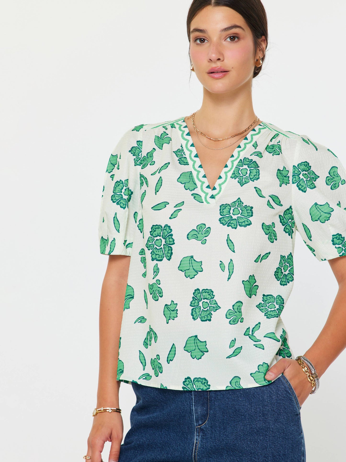 Green Floral Printed V-neck Blouse