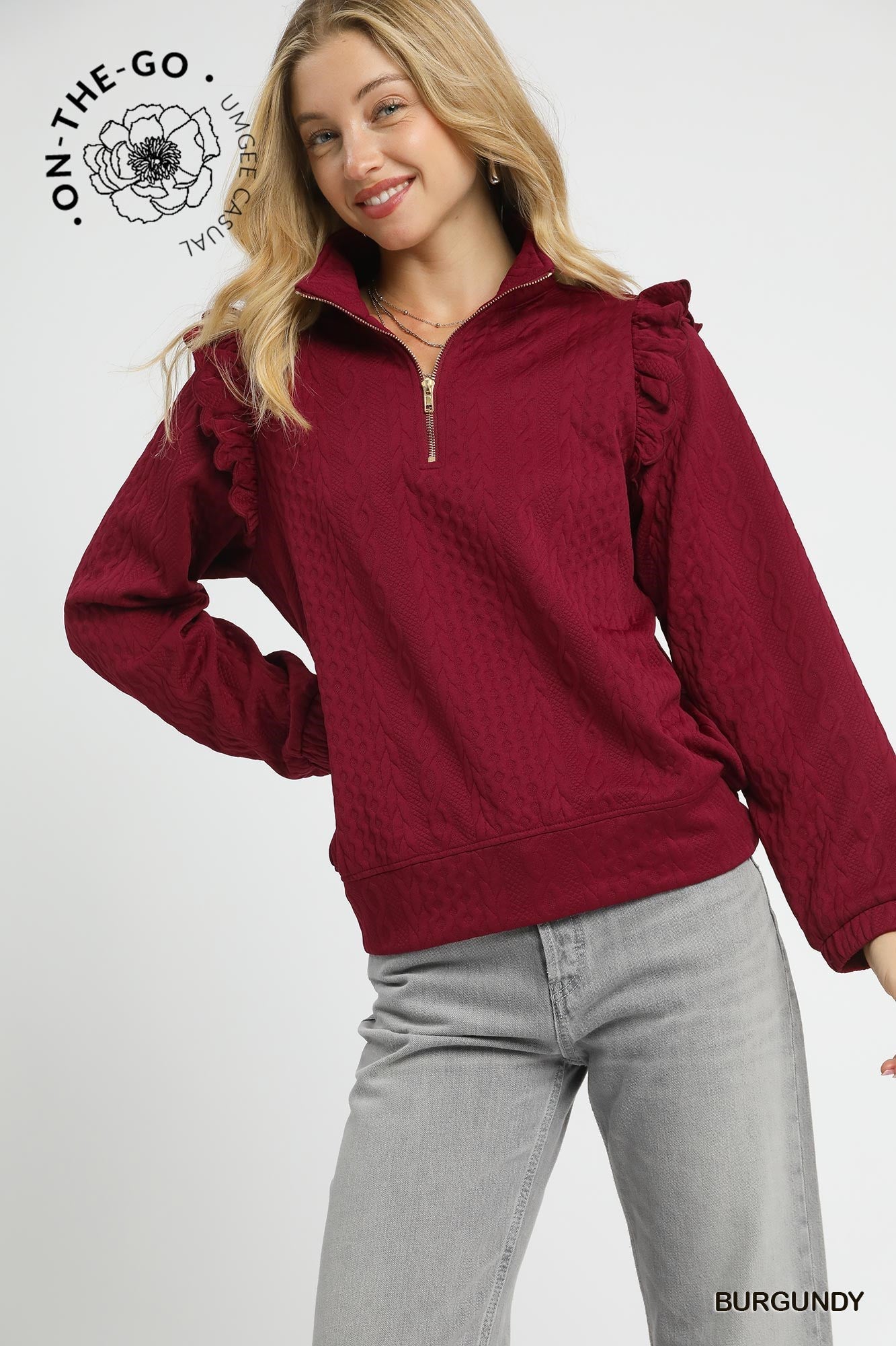 Cable Knit Textured Pullover with Ruffle Shoulders