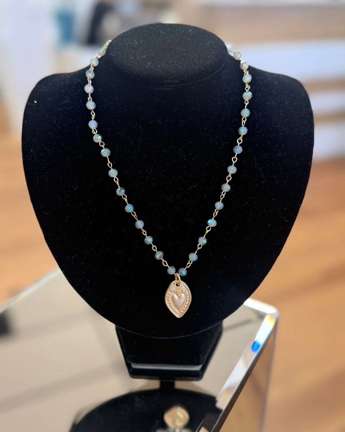 Crystal Rosary Chain w/ Gold Heart Necklace (LJ476)