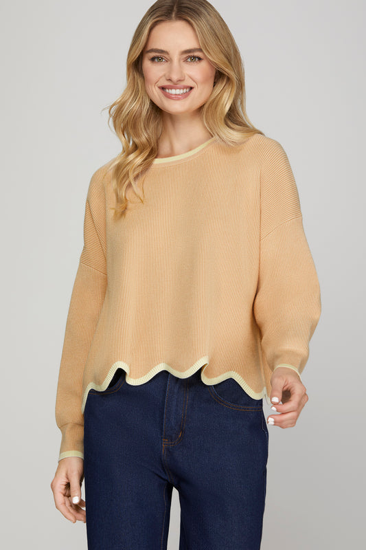 Cream Long Sleeve Scallop Sweater