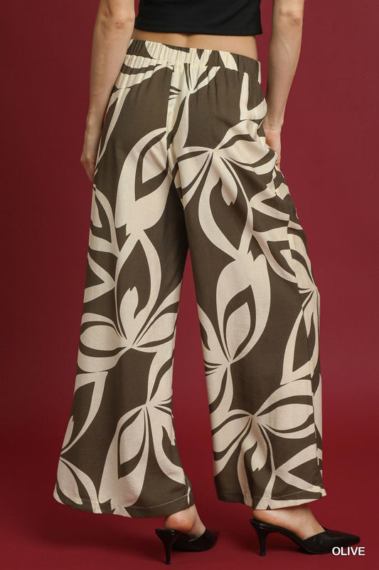 Umgee Two Tone Abstract Olive Print Wide Leg Pants