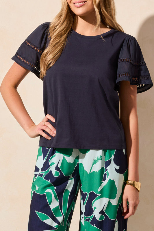 Tribal Navy Flutter Sleeve Top