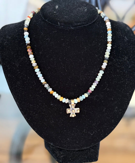 Faceted Aqua/Brown Stones w/ Gold Cross (LJ467)