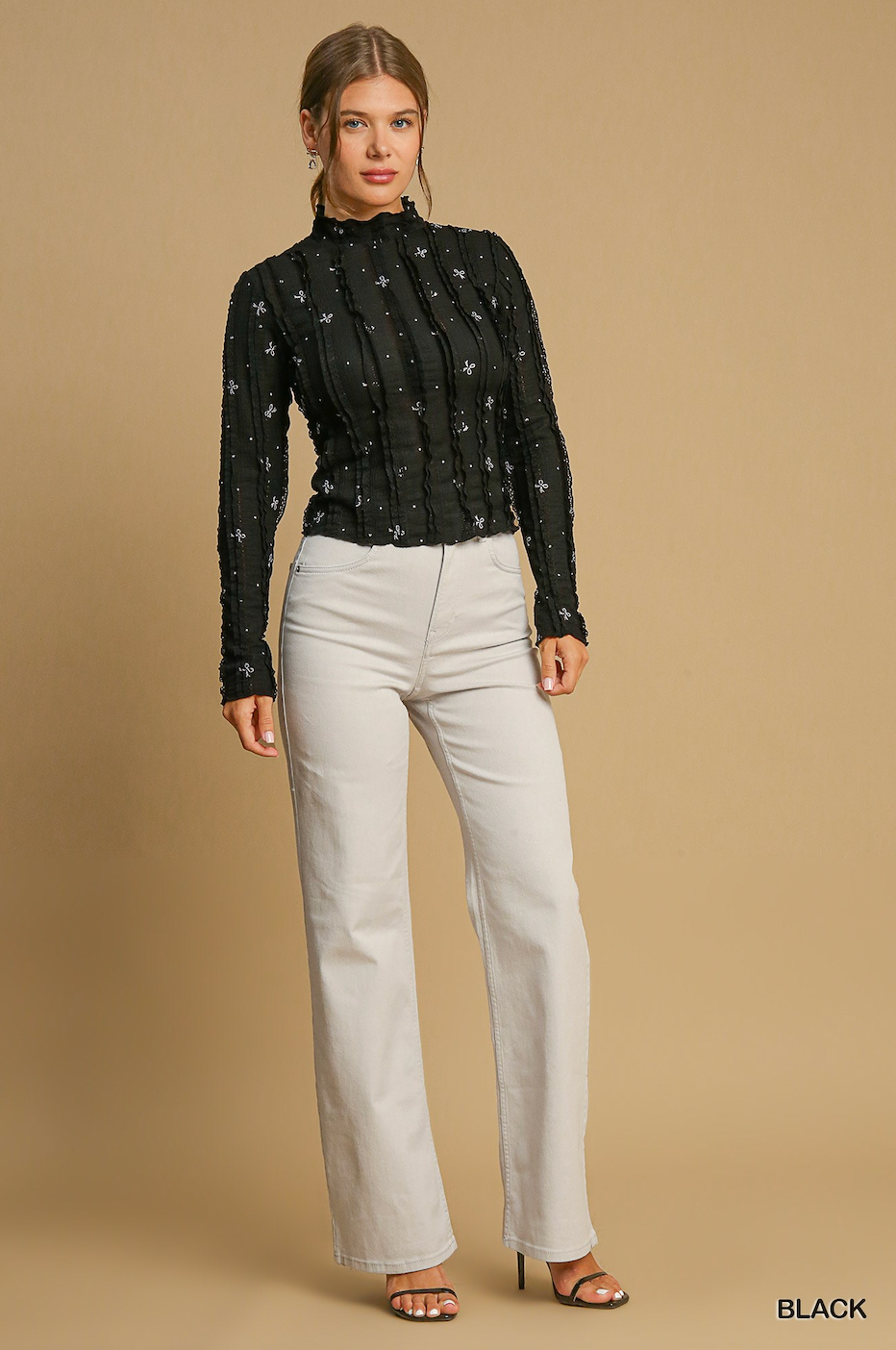 Bow Print Black Long Sleeve Top