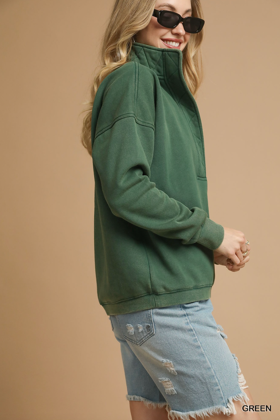 Green Mineral Wash Half-Snap Pullover Sweatshirt