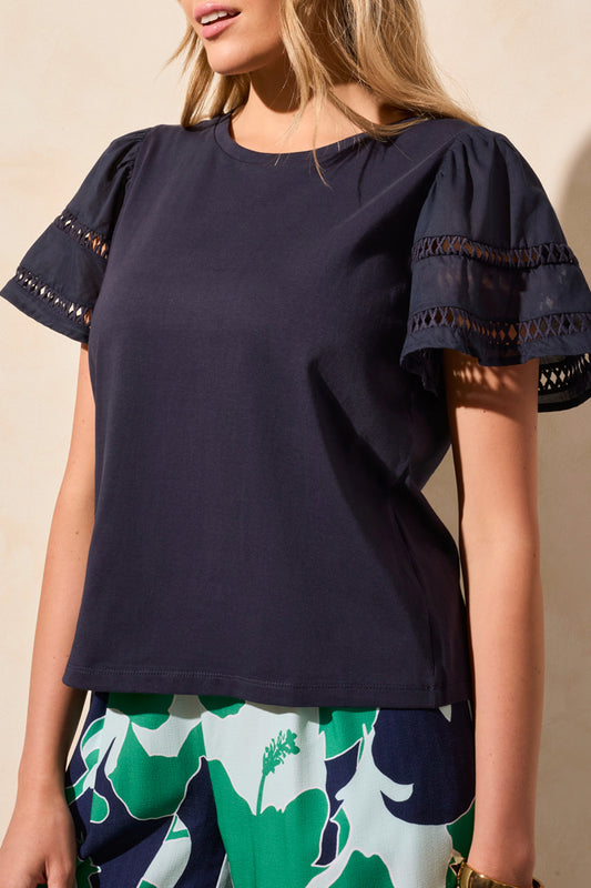 Tribal Navy Flutter Sleeve Top