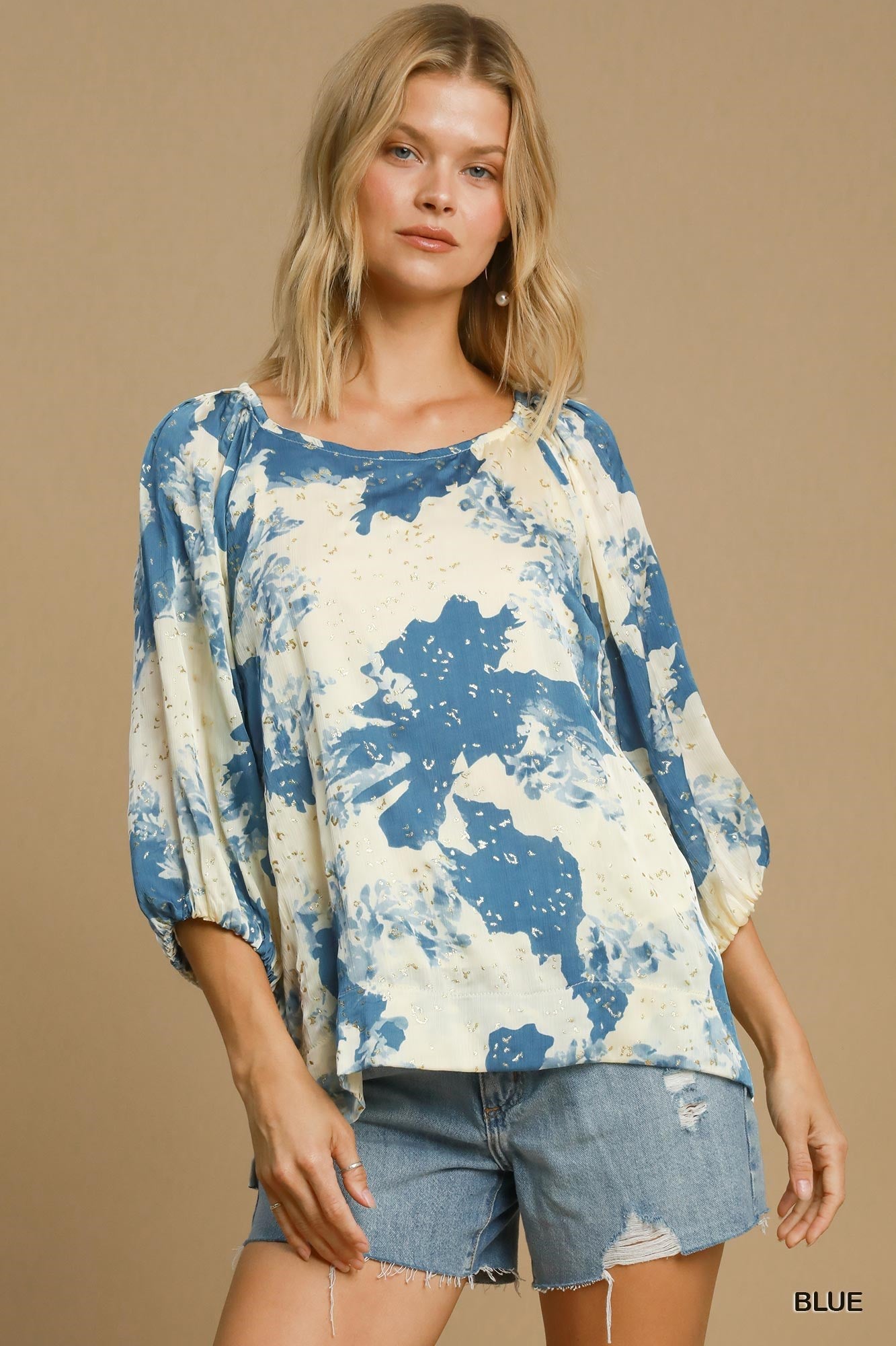 Umgee Cream and Blue Painted Blouse with Gold Details