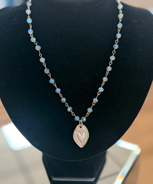 Crystal Rosary Chain w/ Gold Heart Necklace (LJ476)