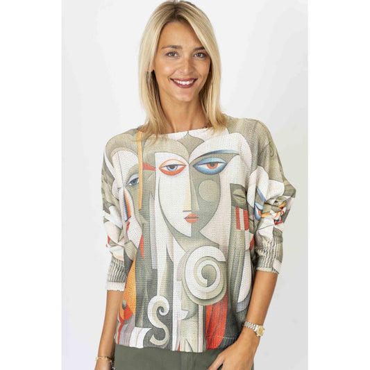 "Pic" Printed W/Shimmer Batwing Sweater - Olive