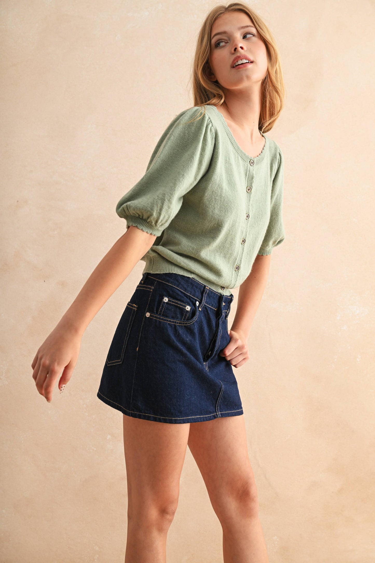 Puff Short Sleeve Button Down Knit Top