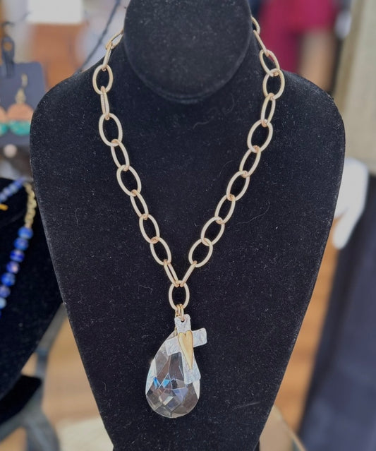 Lg Chain Necklace w/ Light Color Crystal & Cross (LJ304)