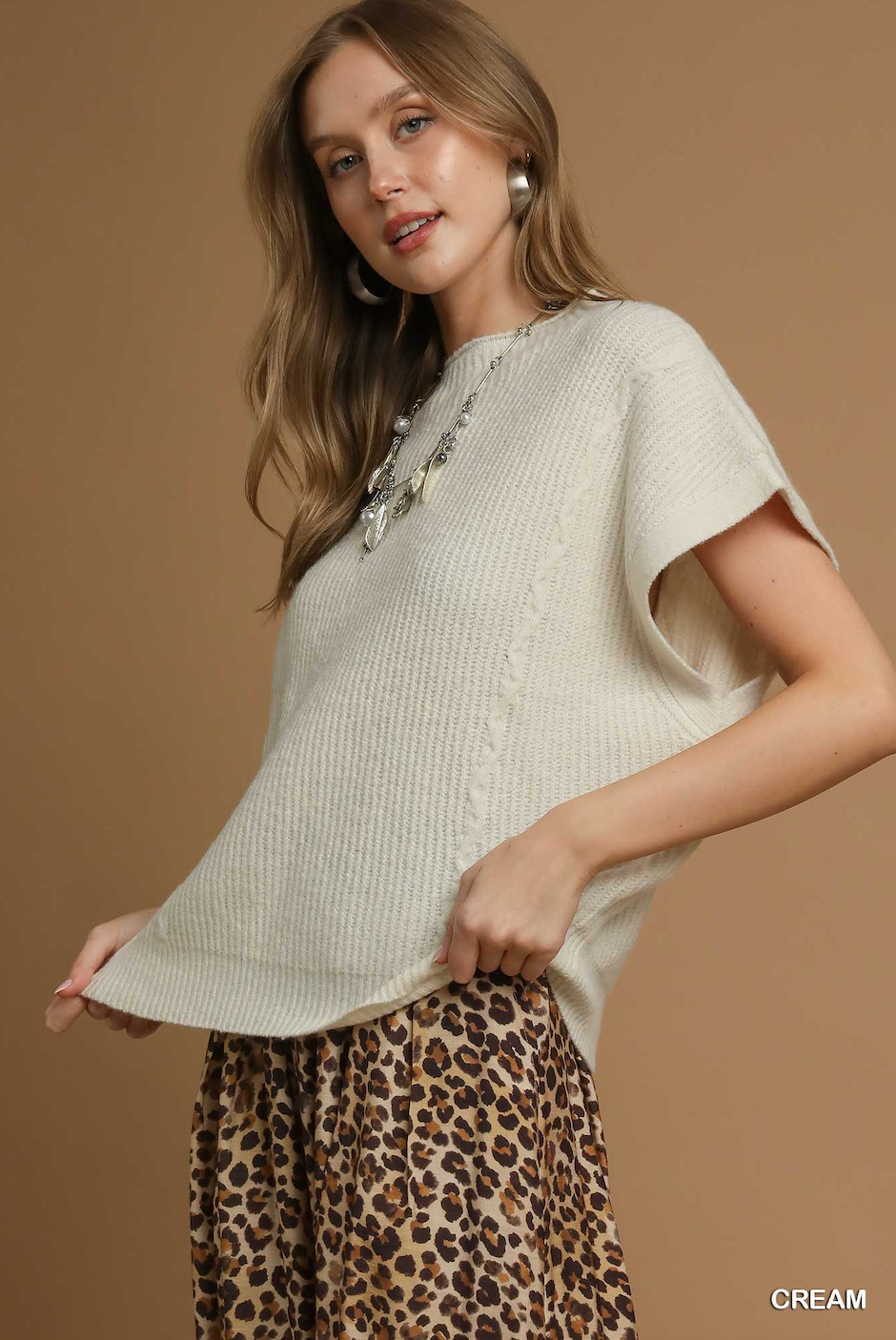 Short Sleeve Cream Knit Sweater Top