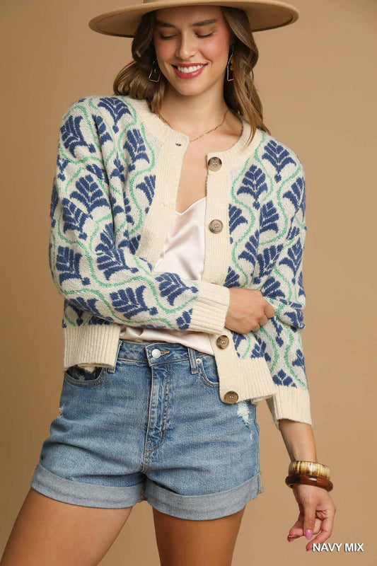 Umgee Jacquard Mix Button-Front Knit Cardigan