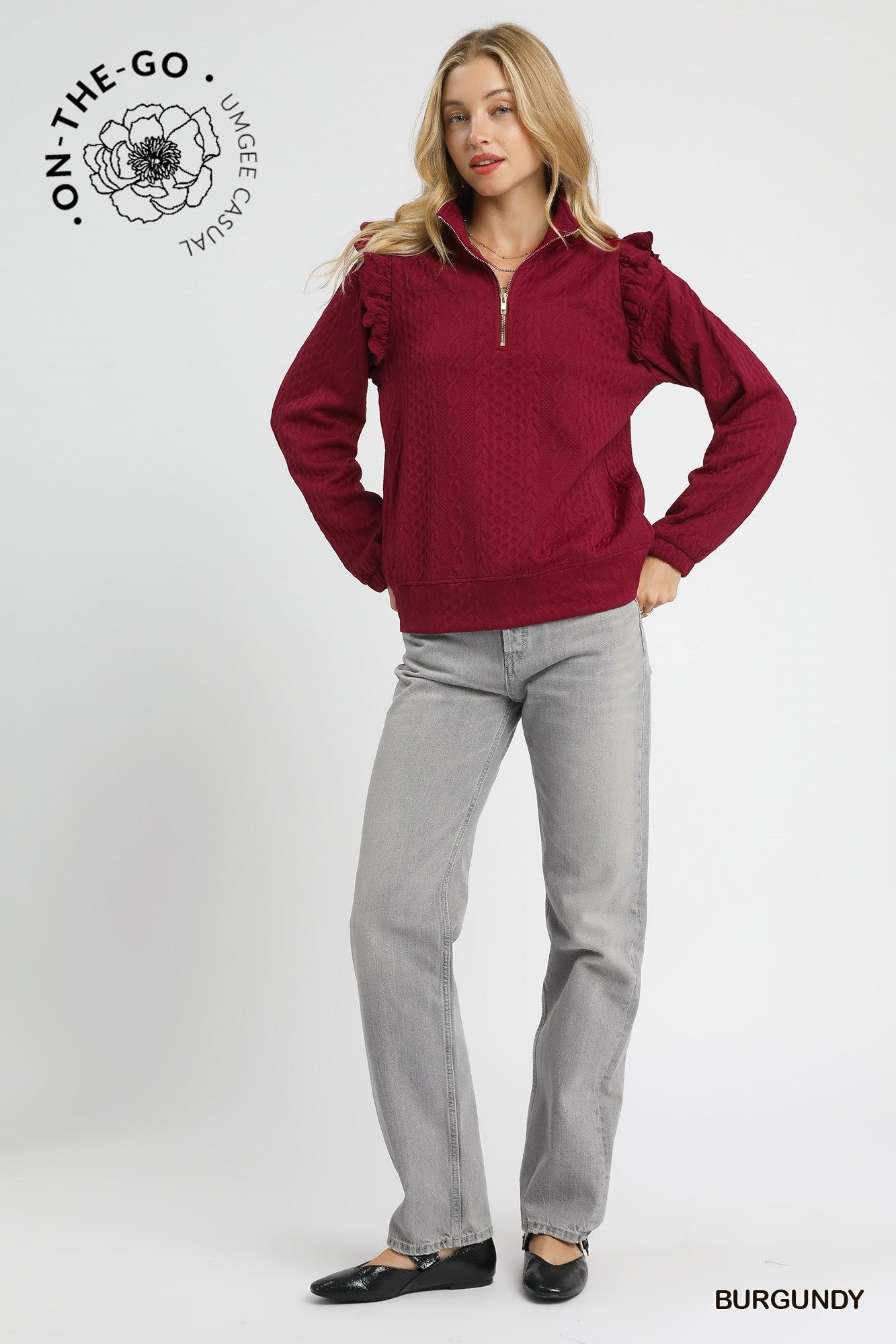Cable Knit Textured Pullover with Ruffle Shoulders