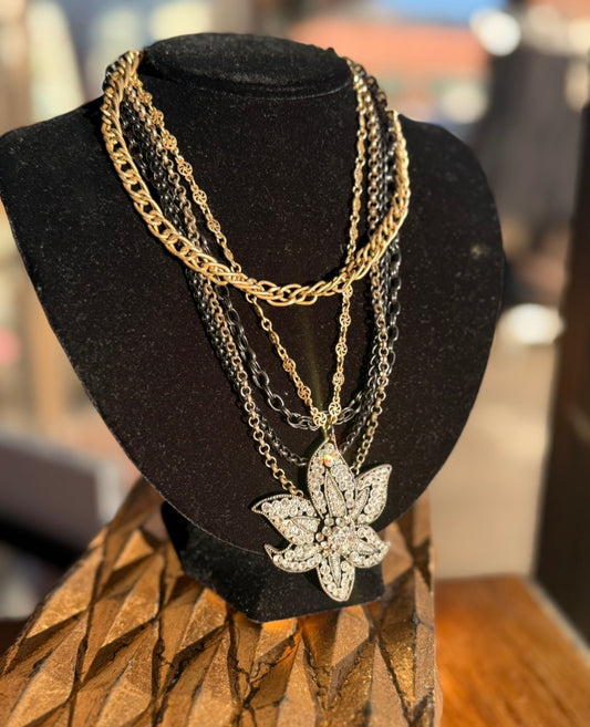 Multi Str Chain Necklace w/ Crystal Pendant (LJ402)