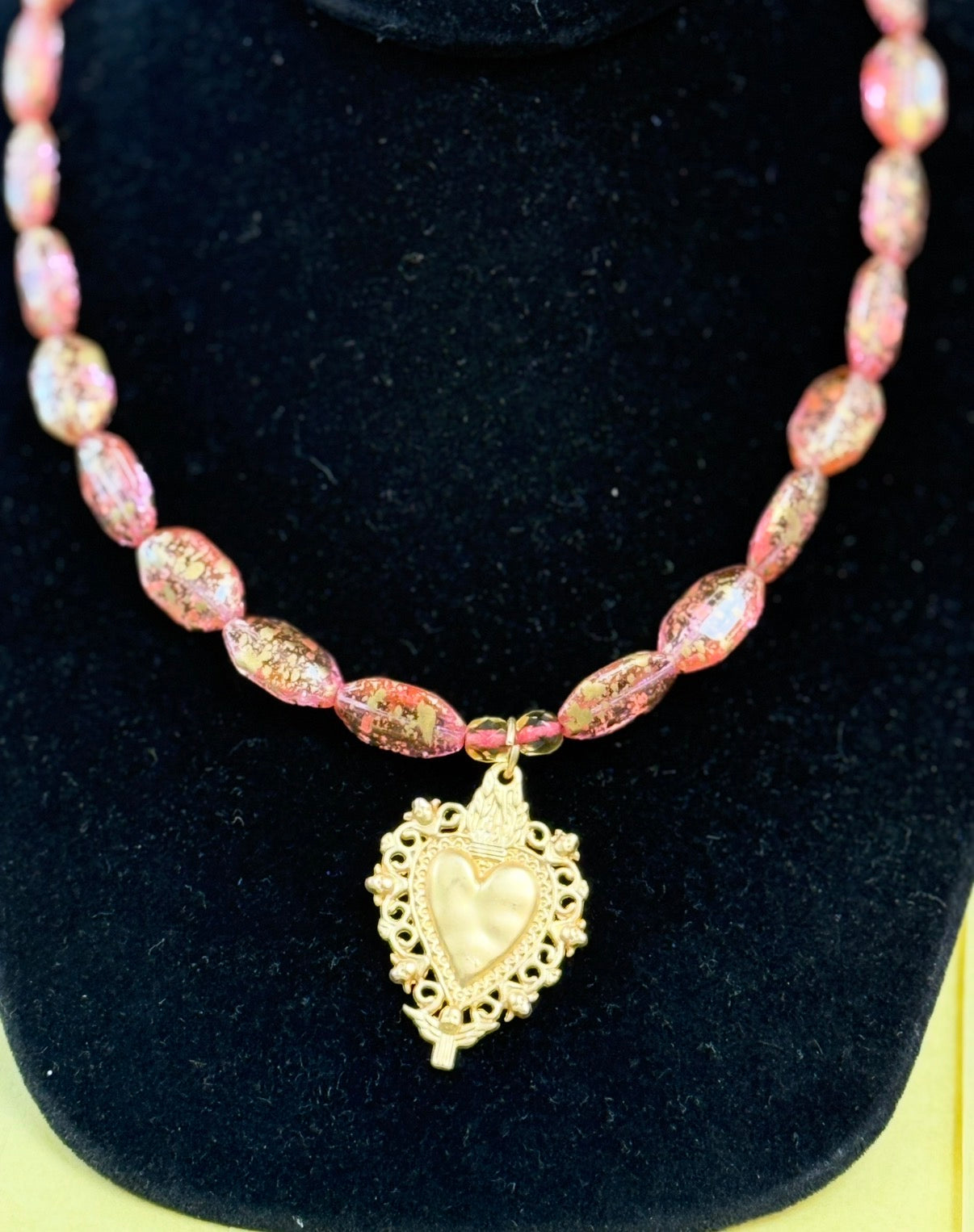 Czech Glass Pink & Gold w/ Gold Heart (LJ586)