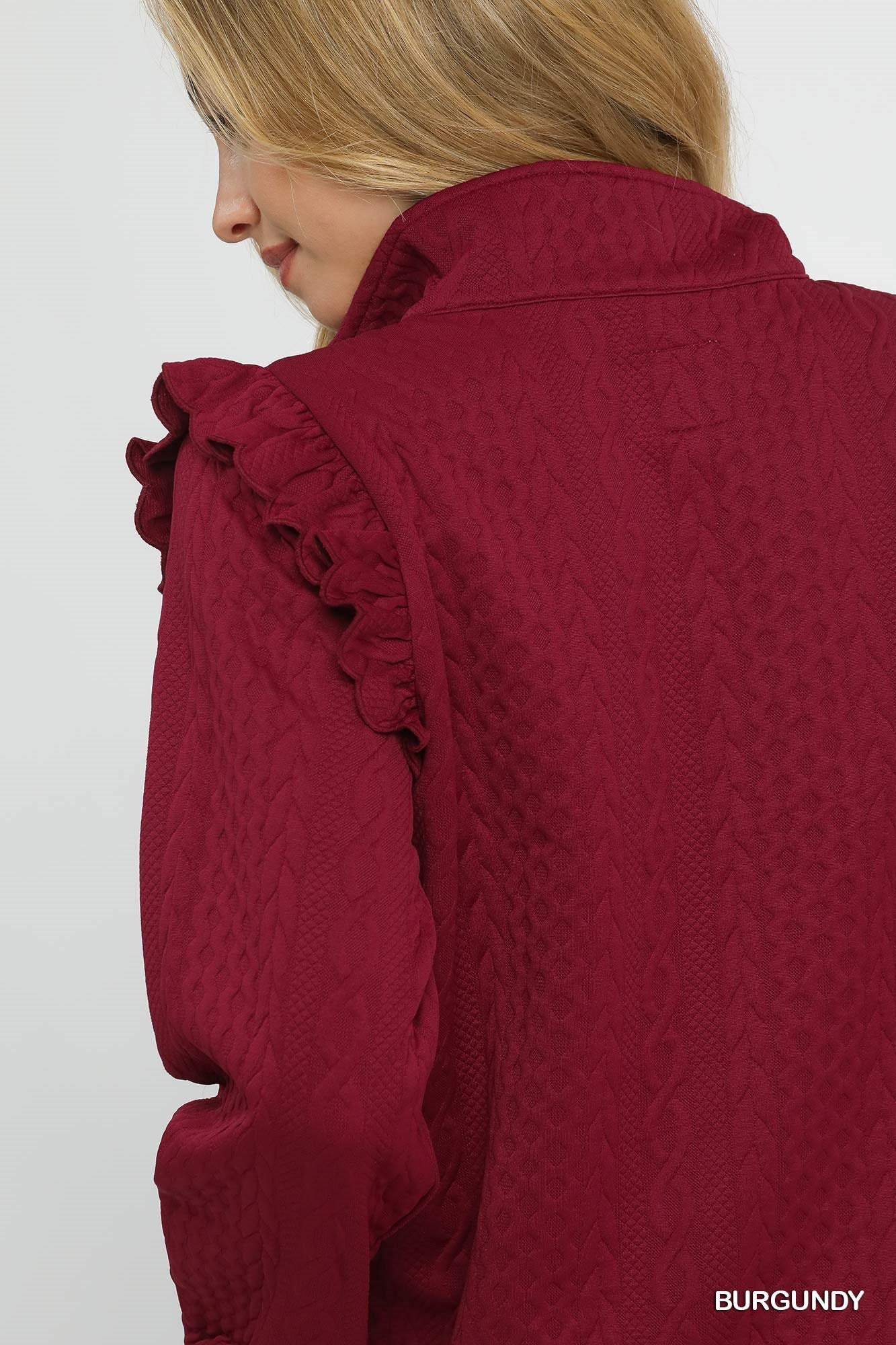 Cable Knit Textured Pullover with Ruffle Shoulders