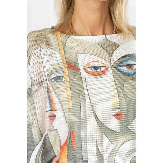 "Pic" Printed W/Shimmer Batwing Sweater - Olive