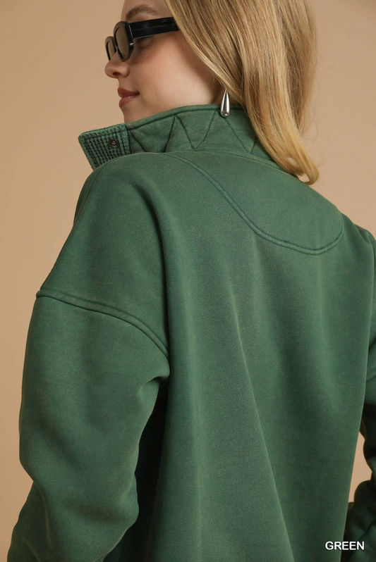 Green Mineral Wash Half-Snap Pullover Sweatshirt