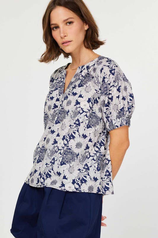 Navy Floral Printed Half-sleeve Blouse