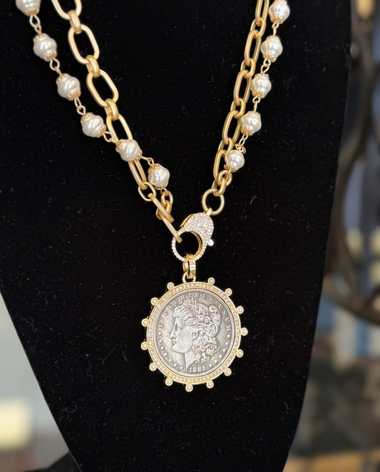 2 Str. Gold Chain w/ Pearl Rosary Chain and Lg Coin (LJ320)