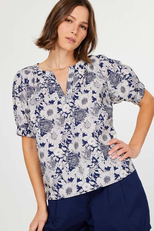 Navy Floral Printed Half-sleeve Blouse