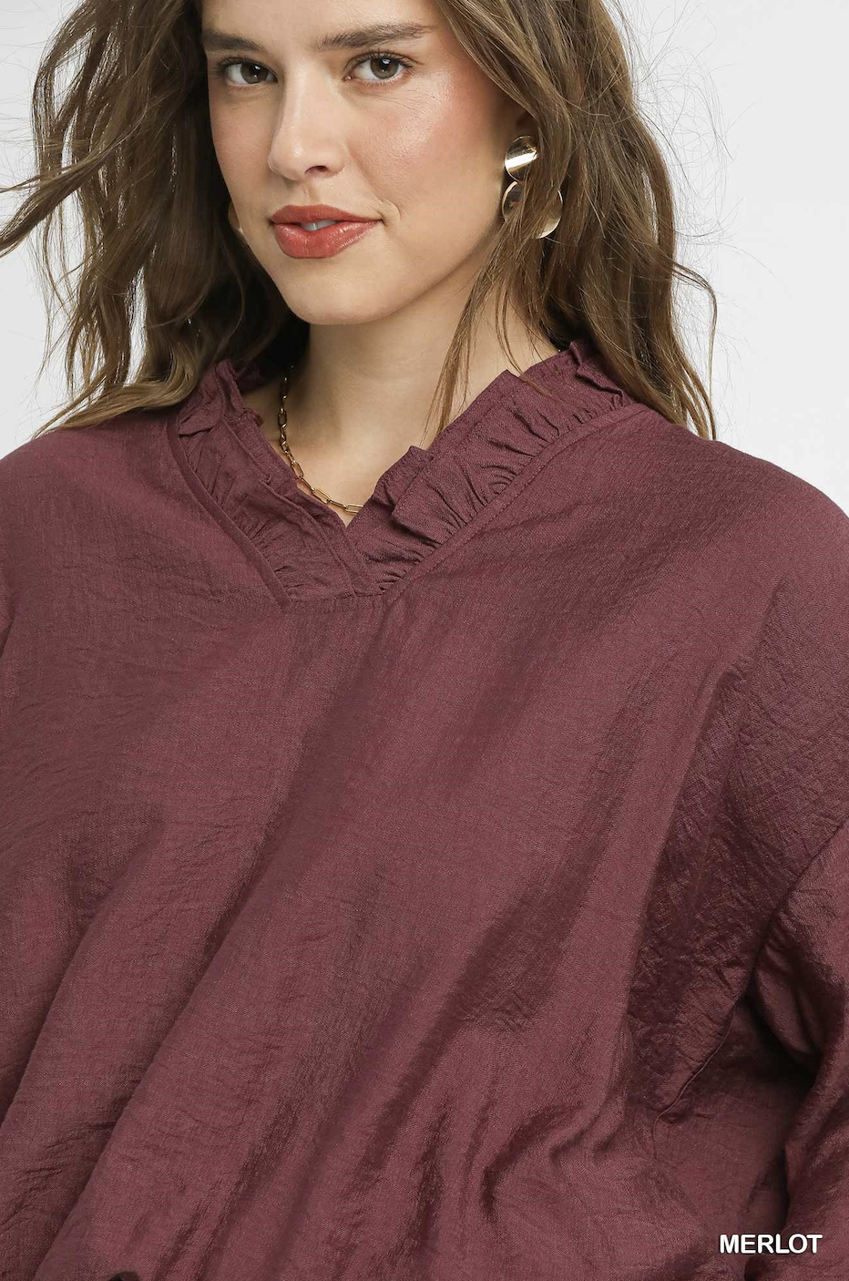 Merlot Ruffle Neck V Neck Blouse