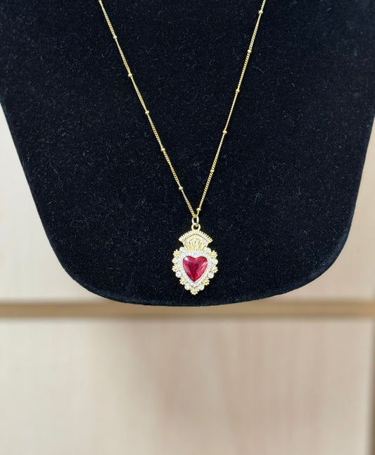 Tiny Gold Chain w/ Red & Gold Heart (LJ578)